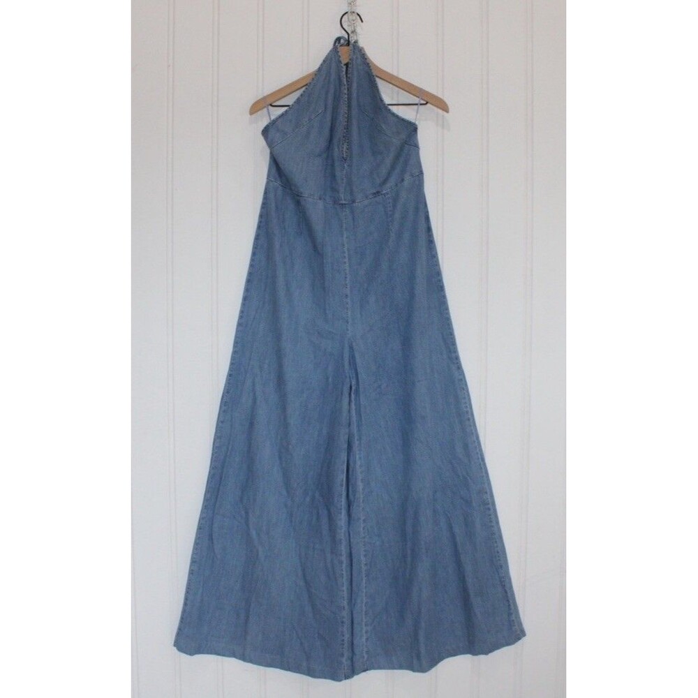 Free People Light Blue Denim Halter Jumpsuit